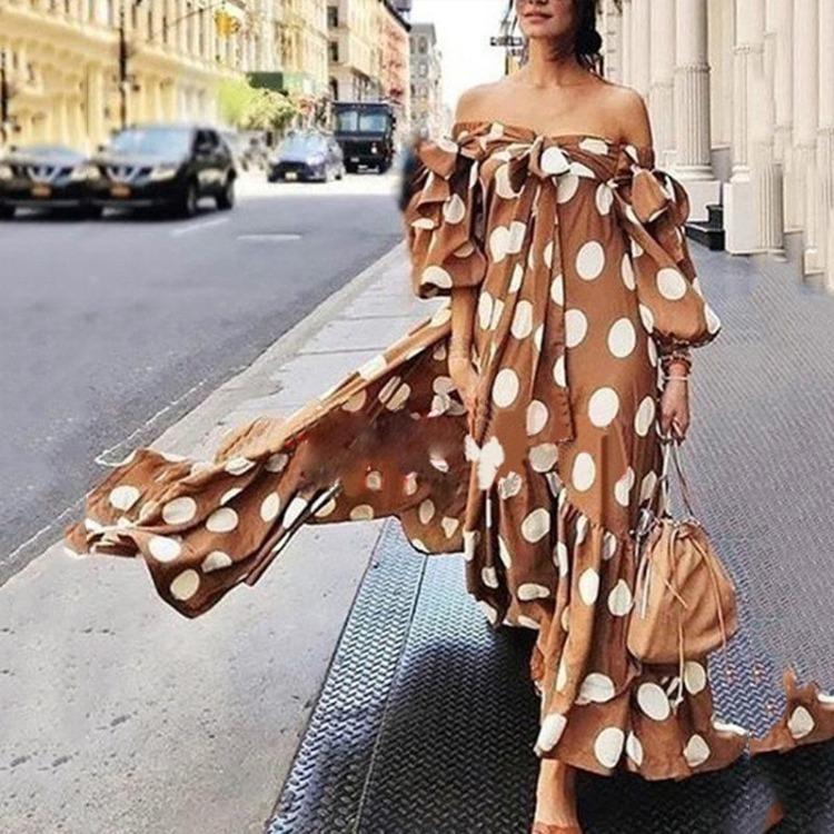 European American Style Off Shoulder Polka Dot Bohemian Maxi Dress
