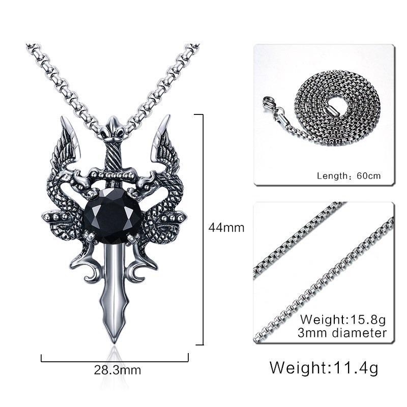 European and American Jewelry Creative Double Dragon Sword Black Gem Pendant Necklace Retro Necklace Men