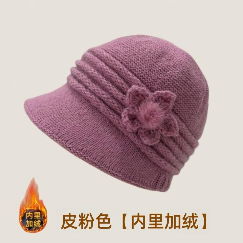 Middle-aged and Elderly Hats, Women's Winter Warm Mother Wool Hats, Fashionable Versatile Ear Protectors, Basin Hats, Fleece and Cold-proof Knitted Ha