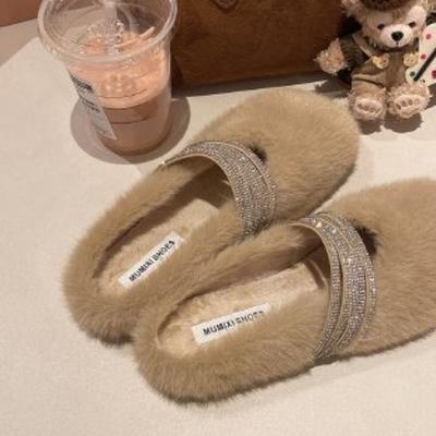 Dames One-Word Slippers Herfst Winter Nieuw Buiten Mode Strass Pluche Schoenen Lichtgewicht Comfort Antislip Binnen Huis Schoenen