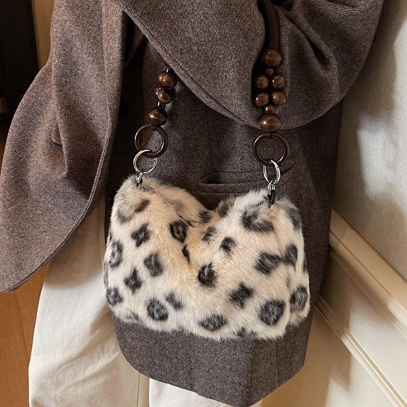 Autumn/winter Women's Fuzzy Leopard Print Shoulder Bag - New Fashionable and Versatile Plush Bag