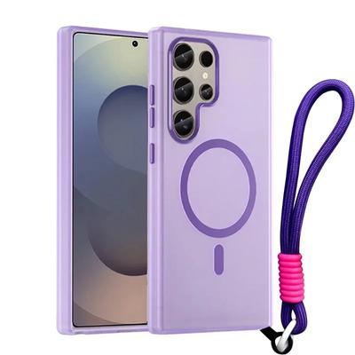 Lanyard Magnetic Matte Candy Wrist Strap Phone Cases For Samsung Galaxy S24 S25 Ultra Plus S24 FE For Magsafe Shockproof Cover