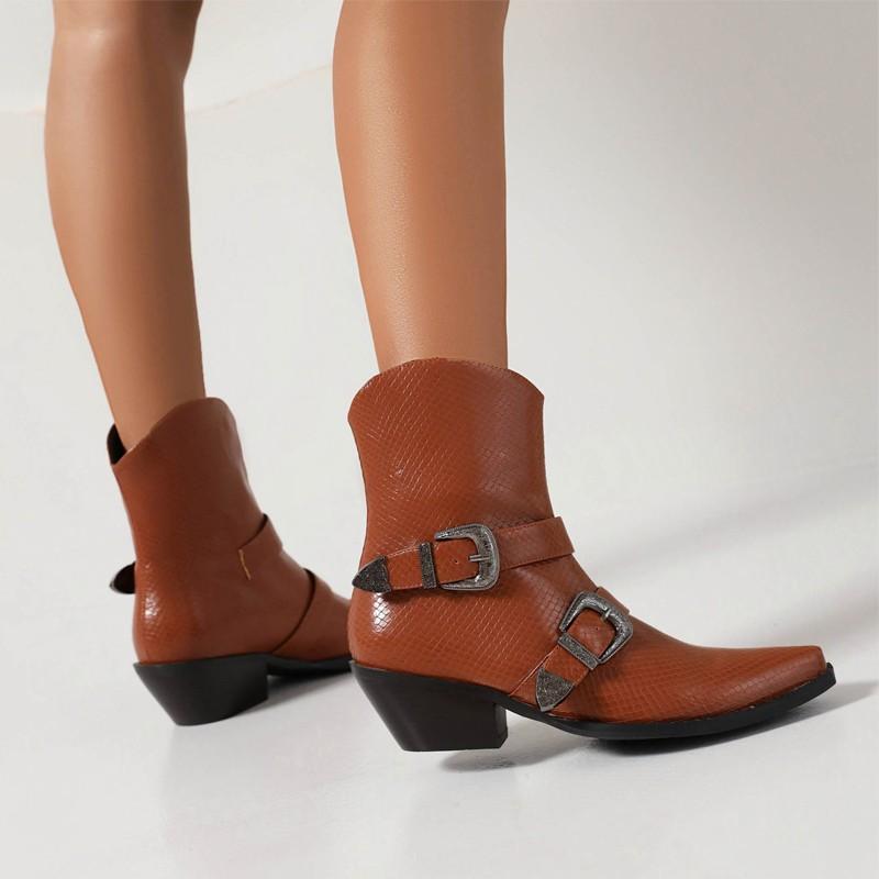 Motorcycle Western Cowboy Boots Women Snake Pu Leather Short Cossacks High Heels Pointed Cowgirl Booties Buckle Womens Shoes 46
