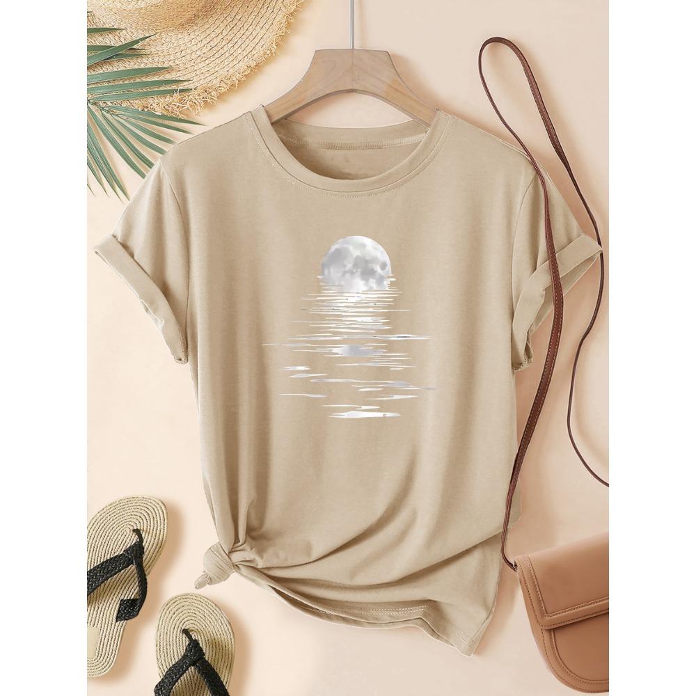 Moonlight Over Water Women's Tee - Minimalist Graphic, Casual Gray Top