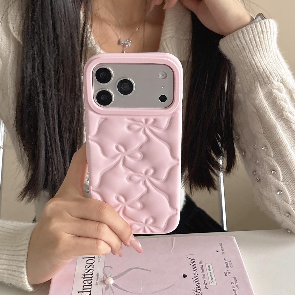 Schattige 3D Emboss Strik Roze Cartoon Hoesje voor 17 Pro Max 16 15 Pro 14 13 Pro Siliconen Zachte Telefoonhoes iPhone 16 Pro Max
