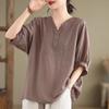 Literary Plus Size Women's Cotton and Linen T-shirt Women's Summer High-end Retro Loose Three-quarter Sleeve Top