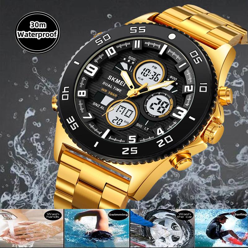 Skmei Mens Quartz Sports Waterproof Watches Luxury Stainless Steel Strap Analog Digital Display Dual Time Zone LED Alarm Clock