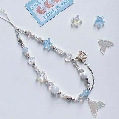 Mermaid Princess Tail Phone Lanyard Pearl Shell Sea Star Handmade Beads Round Beads Phone Chain Camera Bag Pendant Phone Rope