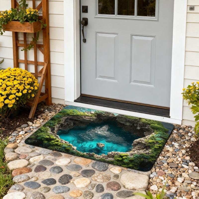 3D Optical Illusion Rug Nonslip Floor Mat for Indoor and Outdoor Use Cave Stone Visual Illusion Doormat for Living Room
