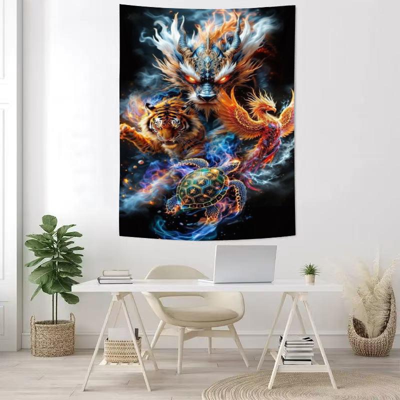 Four Divine Beasts Painting Digital Printing Polyester Wall Tapestry Suitable For Use Living Rooms Bedrooms Offices Bars Party