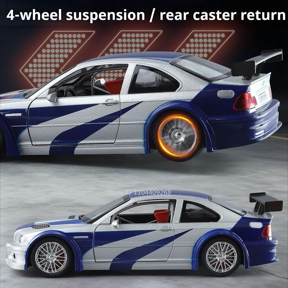 1:24 M3 GTR E46 Racing Car Model Toy Alloy Body Rubber Tires Music Light Sports Cars Doors Opened Models Toys Collectible Item
