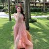 Super Fairy Temperament Pink Floral Suspender Dress Women's Spring New Chiffon Splicing Dress Vacation Skirt