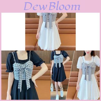 Summer French Style Twopiece Dress With Puff Sleeves And Bow For Petite Women