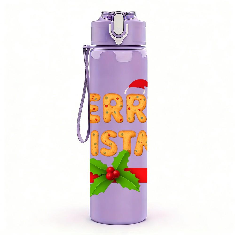 1PC Merry Christmas Banner Text Pattern 750ml Color Plastic Sports Water Bottle Leakproof Flip Straw Lid Suitable for Sports Office Home Use