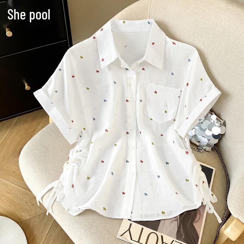 Women s Embroidered Short-Sleeve Lapel Shirt with Drawstring Waist One Size