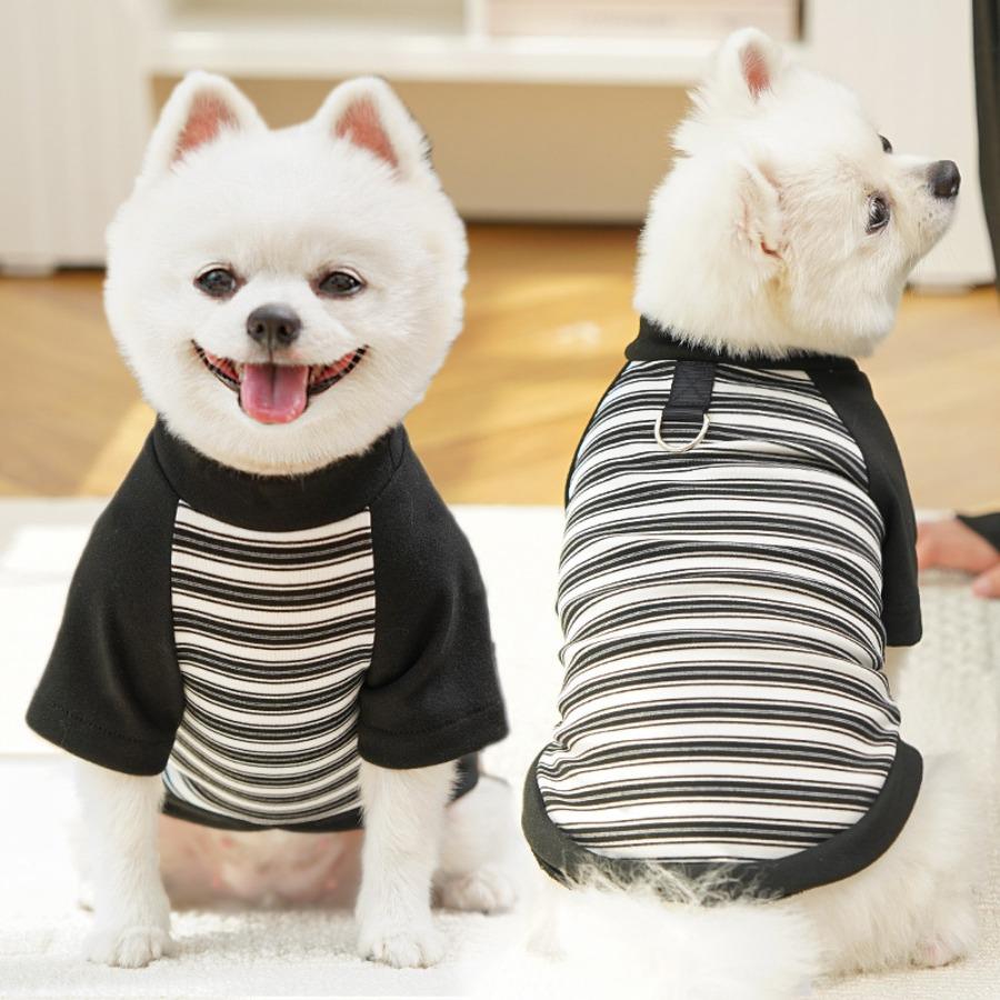 Autumn Winter Pet Clothes Dog Cat Striped Base Layer Shirt Warm Outfit with Leash Ring for Small Dogs Teddy Bichon