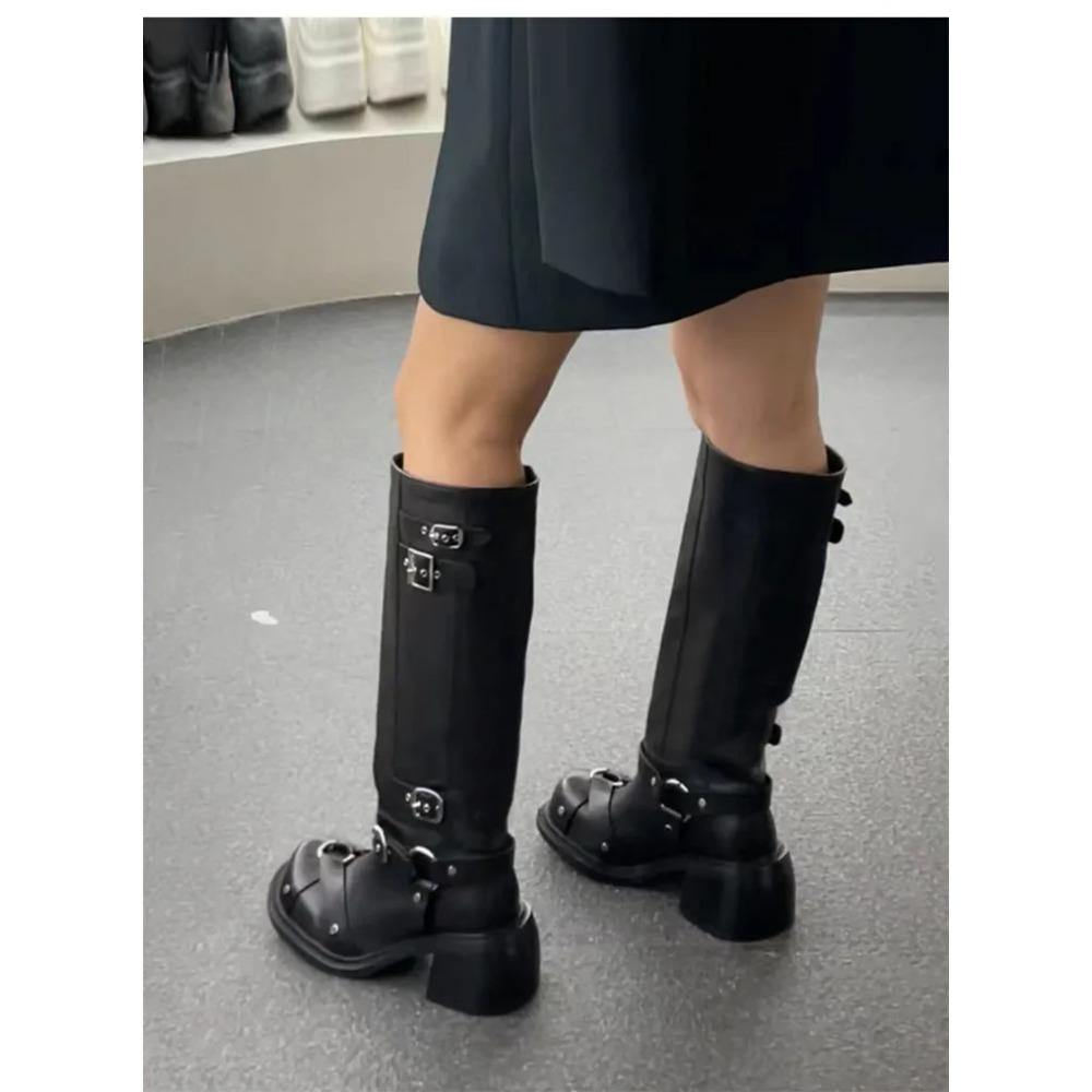 Casual Woman Knee-High Boots Fashion High Quality Leather Square Heel Knight Booties  Trend Women's Long Boots