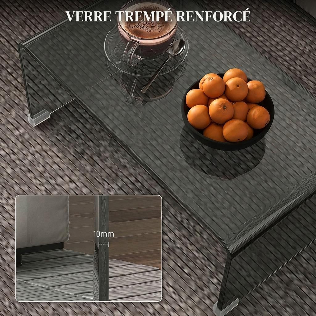 Glass Coffee Table, Rectangular, Rounded Edges, Light Gray Transparent