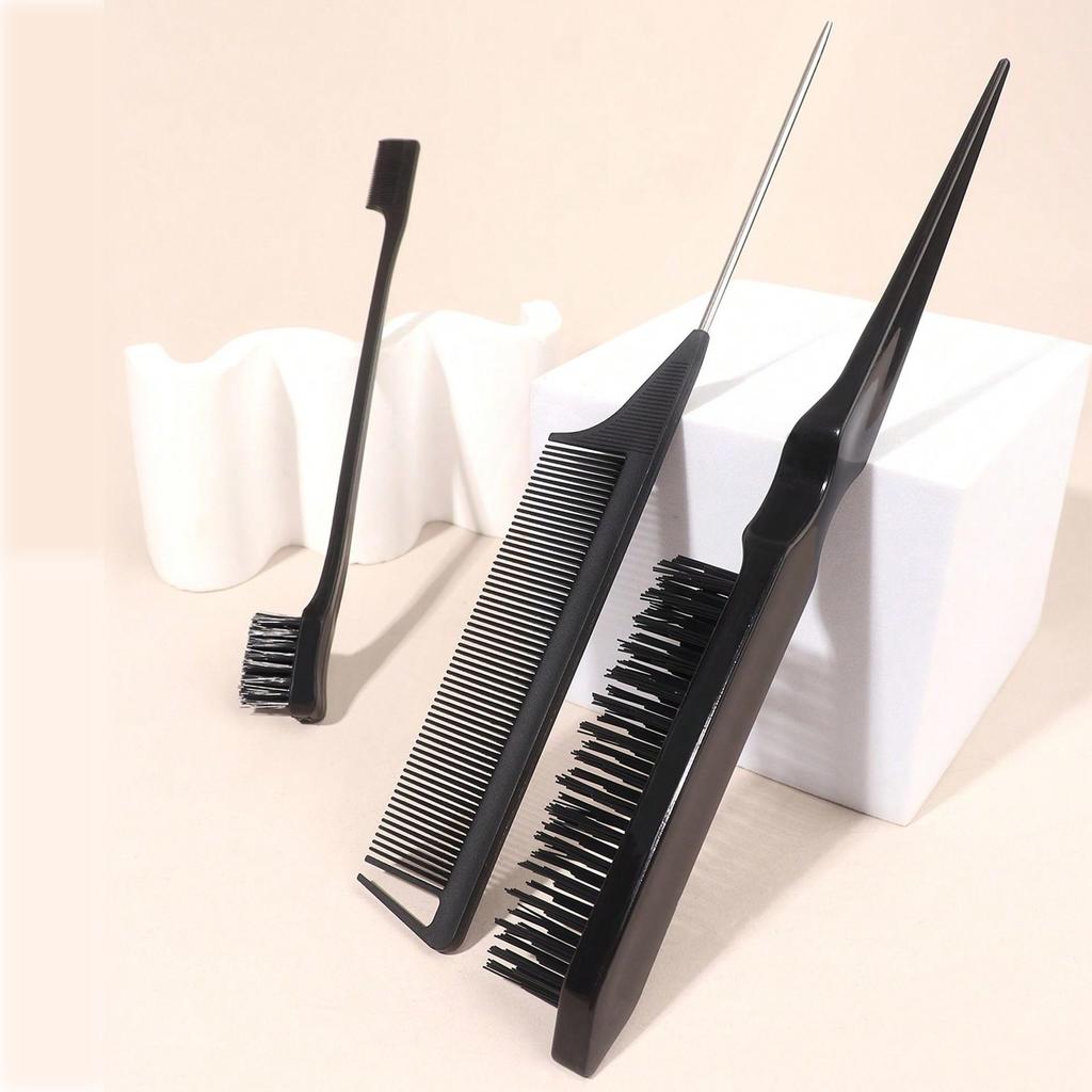3-Piece Hairstyling Set: Steel Needle Tail Comb, Teasing Brush, Double-Ended Eyebrow Brush