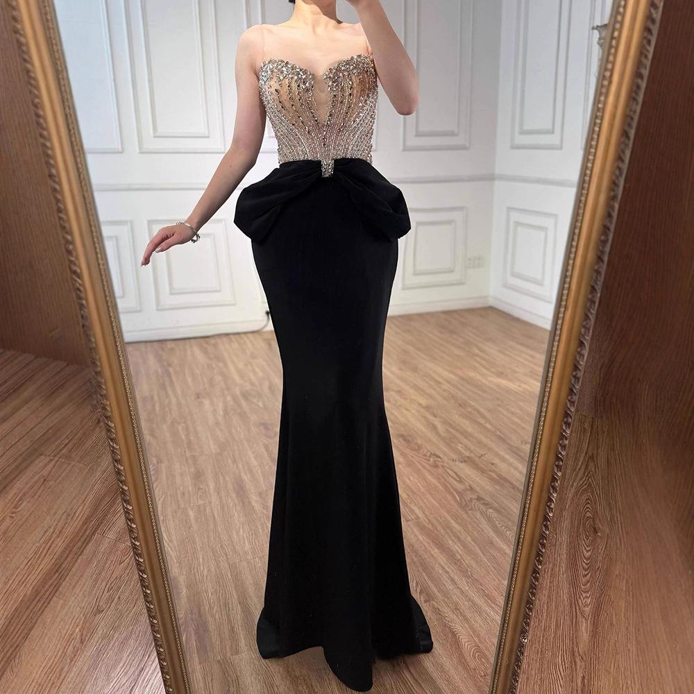 Black bow fishtail evening dress crystal beads high-end thin wedding performance dress LA11010