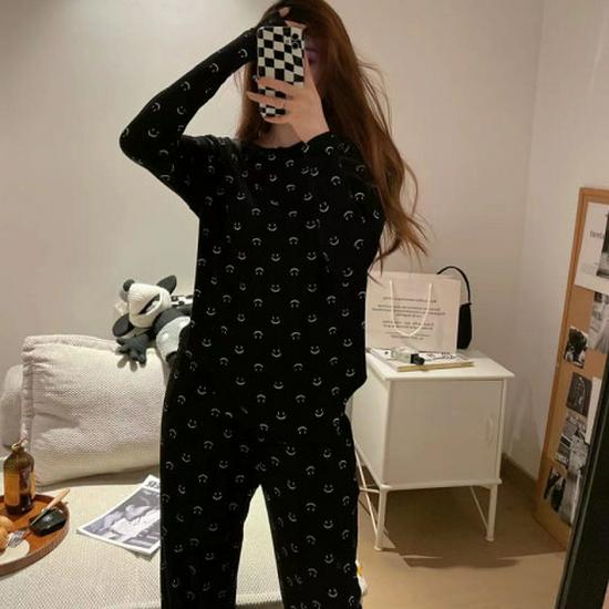 2024 Korean Style Women's Smiley Face Pajama Set - Spring/Autumn Long Sleeve Solid Color Homewear