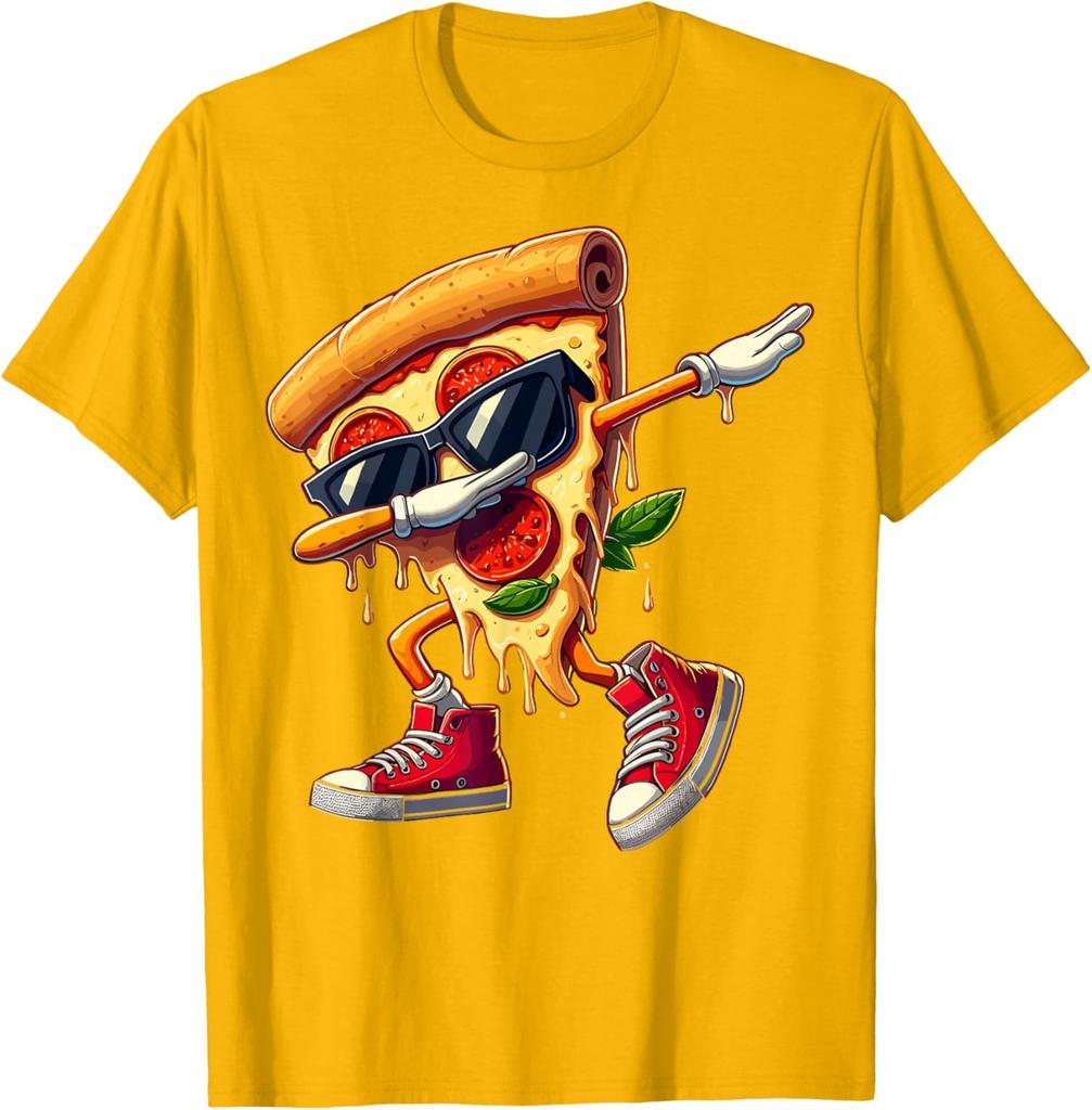 Dabbing Pizza Slice Dancing Foodie Graphic Tee Cool Casual Cotton Short Sleeve T-Shirt for Men