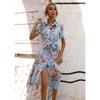 Women's Button Front Floral Short Sleeve Dress Waist Belt A-Line Casual Summer Midi