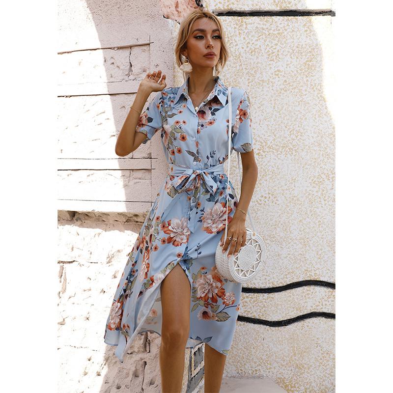 Women's Button Front Floral Short Sleeve Dress Waist Belt A-Line Casual Summer Midi