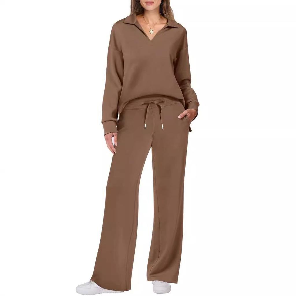 Suéter de cuello en V de manga larga deportivo informal de moda de otoño e invierno para mujer, pantalones de pierna ancha, traje de dos piezas