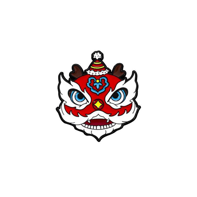Chinese Style Cartoon Lion Dance Head Enamel Brooch Alloy National Trend Badge Pin New Year Spring Festival Clothing Decoration Accessory