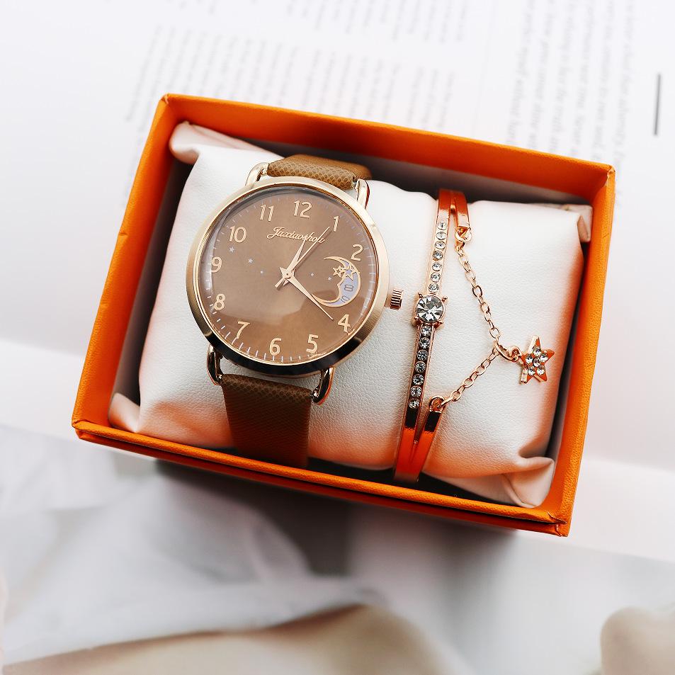 Moon Pattern Women's Bangle & Quartz Watch Set - 2pcs Fashion Combo
