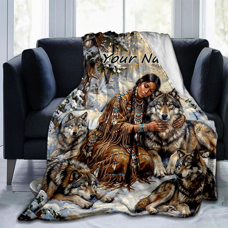 1PC Custom Name "Winter Wolf Spirit Connection" blanket versatile,all-season throw suitable for the living room,bedroom,camping,travel,and gift
