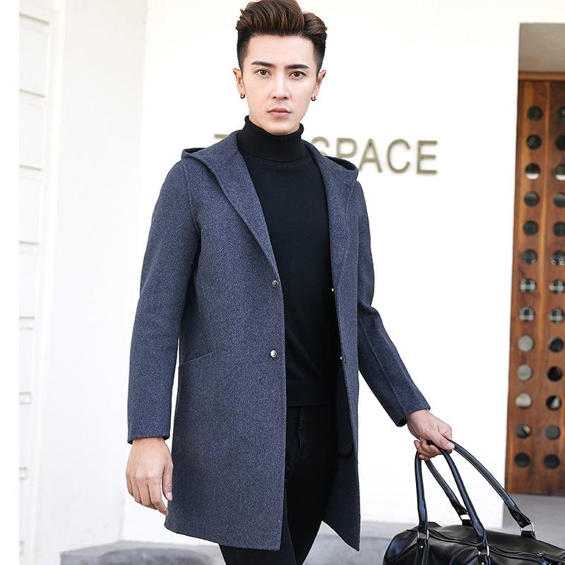 

Осенне-зимнее двухстороннее шерстяное пальто, мужская ветровка средней длины с капюшоном, двухсторонняя шерстяная куртка, мужское кашемировое пальто 2XL серый