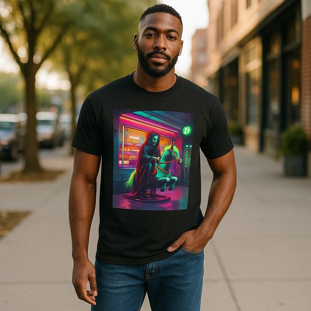 The Grim Reaper on a Coin-Operated Kiddie Horse Ride Shirt Funny Spooky Apparel S