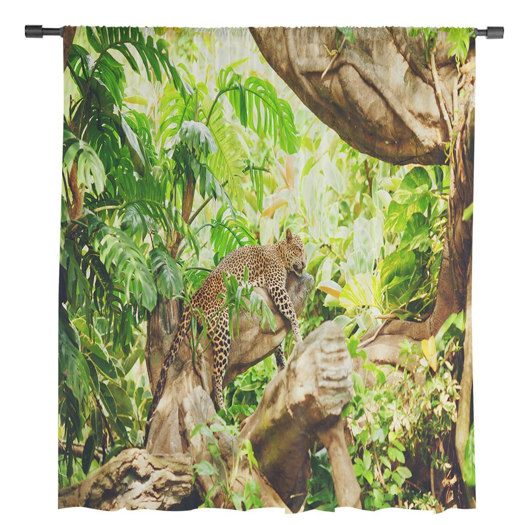 Tropical Rainforest Cheetah Jungle Leopard Green Sheer Curtains for Living Room Bedroom Decor Window Voile Tulle Curtain Drapes