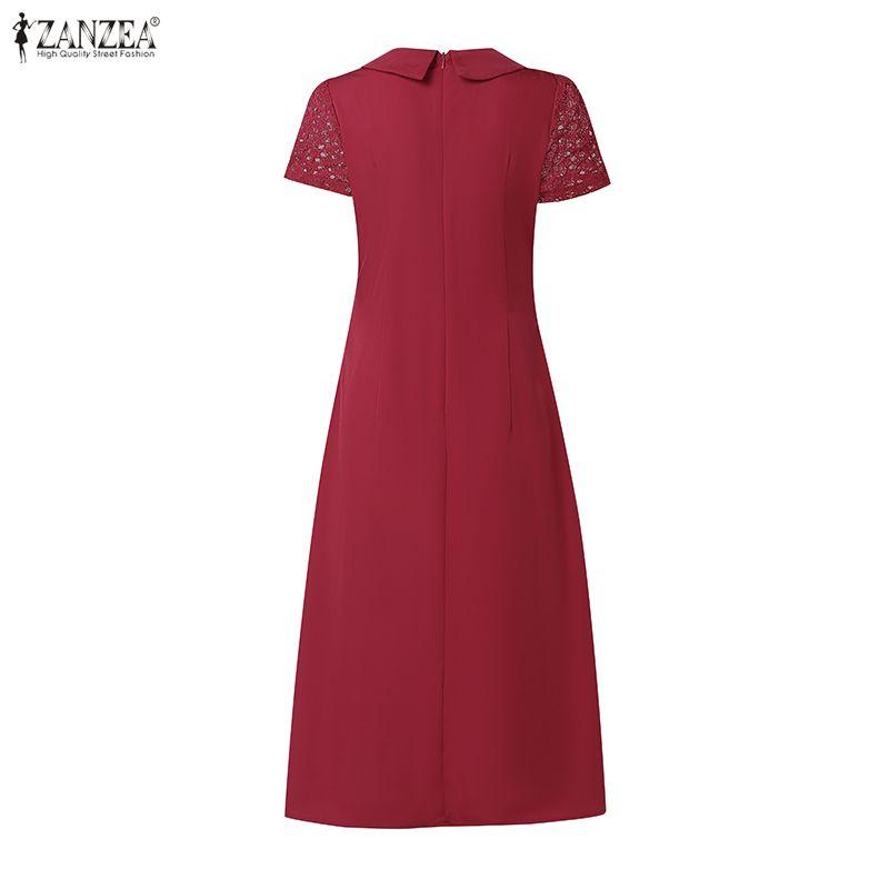 ZANZEA Women Casual Turn Down Collar Short Sleeve Patchwork Lace Dress