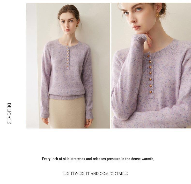 Autumn/Winter Simple Style Cashmere Sweater - Round Neck, Buttoned, Soft Knitwear, Loose Fit
