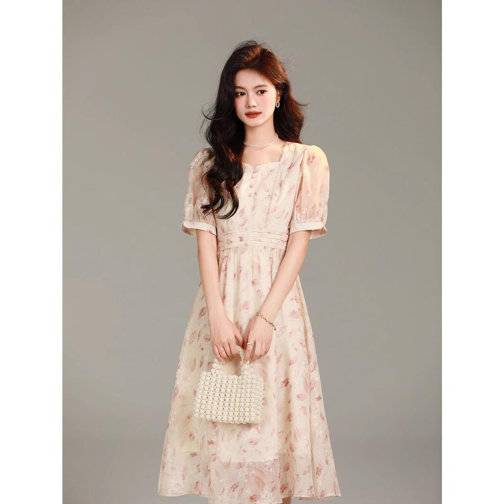 New Chinese Floral Dress Women's 2026 New Summer Beautiful Gentle Wind Square Neck Short-sleeved Skirt