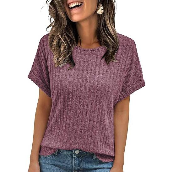 Solid Color Round Neck Ribbed Loose Short Sleeve Casual T Shirt Top For Women
