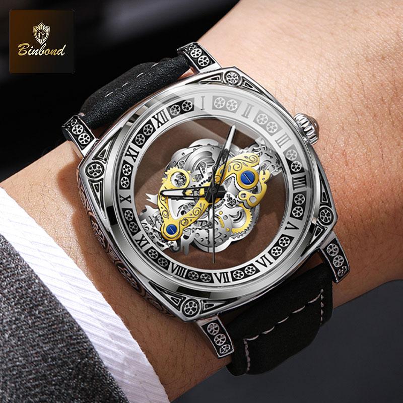 BINBOND Neue Herrenuhren Skelett Hohl Skelett Retro Herrenuhr Top Marke Luxusuhr Herren Armbanduhr Quarz