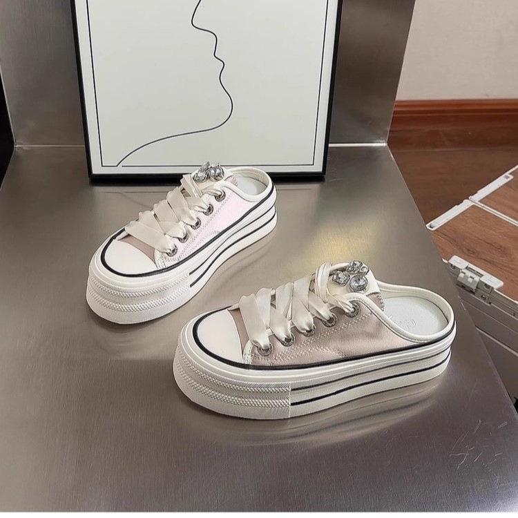 

Интернет-знаменитости, толстая подошва, увеличивающая объем, дышащая парусиновая обувь, женская, весна 2025, новые универсальные ленивые тапочки с одной педалью и сумкой для головы 35 розовый