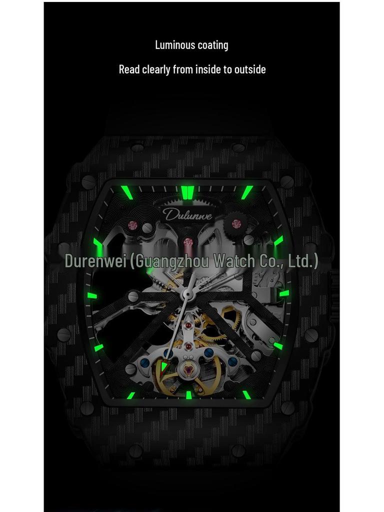 Durham Weida Men's Tonneau Skeleton Tourbillon Automatic Watch with Rubber Strap.