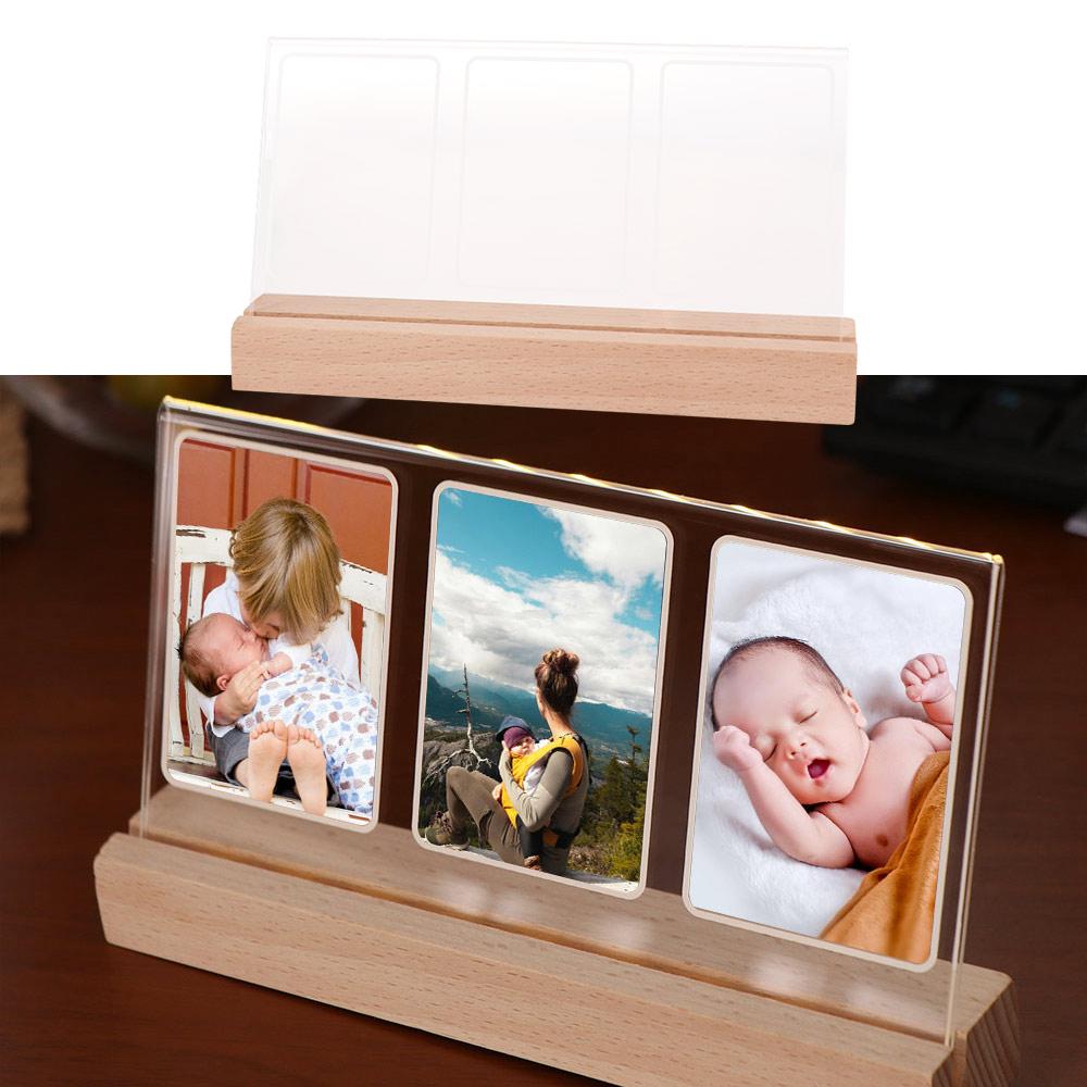 Clear Acrylic LED Light Photo Frame Wooden Base Tabletop Photo Display Rack  Table Top