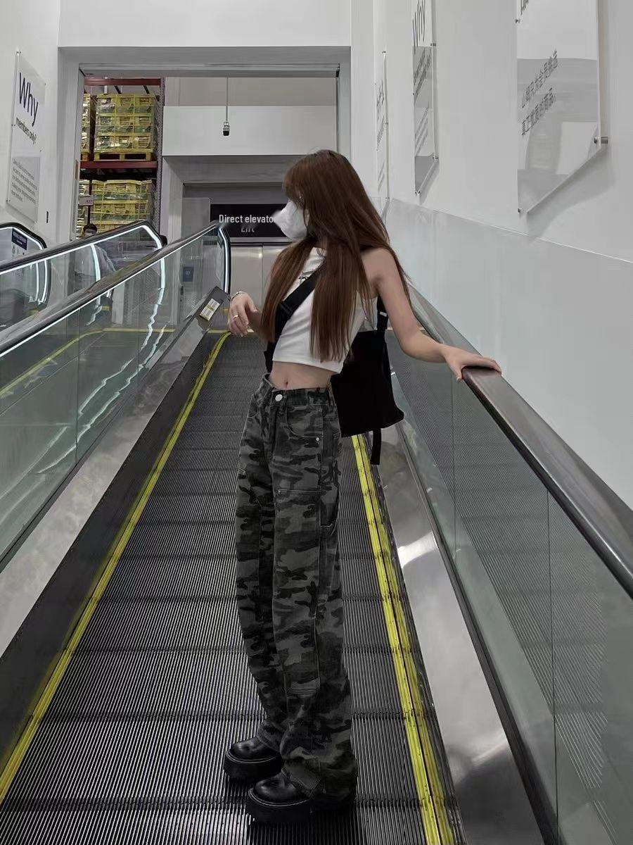

Women s High Street American Retro Wide-Leg Camouflage Jeans - Floor-Length Workwear Style Medium