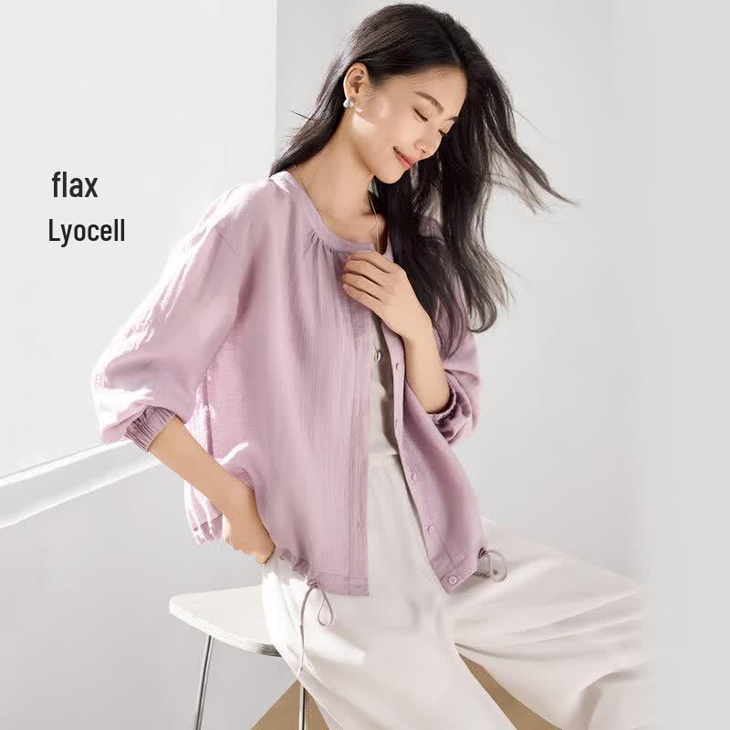 IHIMI Women s Lyocell Linen Pleated Shirt Jacket M