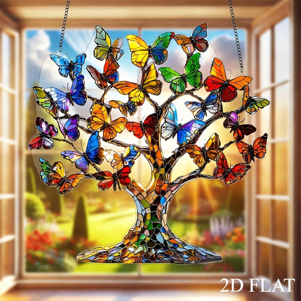 Colgante plano acrílico 2D de mariposa árbol de la vida, decoración colgante para ventana, adornos para coche, decoración para oficina, cocina, jardín, porche, dormitorio, patio