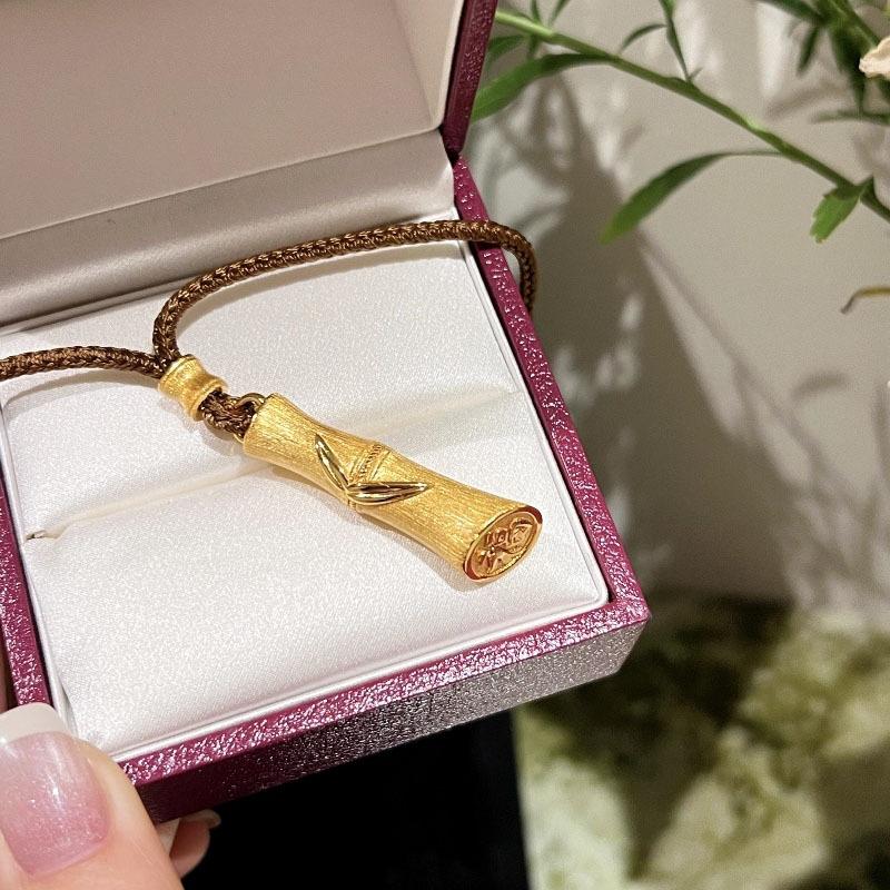 Retro Brushed Frosted Brown Rope Bamboo Joint Necklace Luxury Plant Cylindrical Pendant Classical Collarbone Chain Zircon Gift