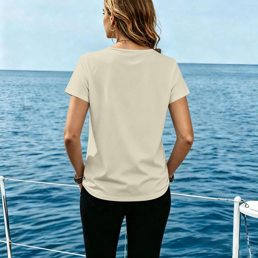 Damen Freizeit T-Shirt mit kurzen Ärmeln, Rundhalsausschnitt, Knopfdetail, Weicher Stoff, Lockere Passform, Sommer Oberteil