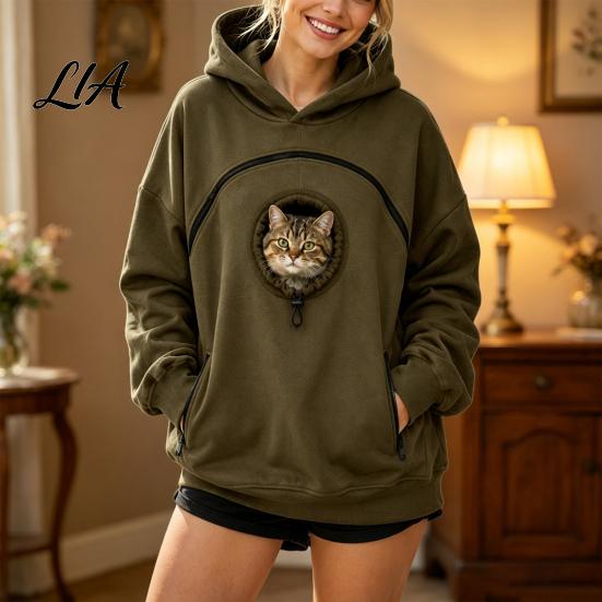 Dog Holder Hoodie Women Pet Carrier with Front Side Pockets, Solid Color Casual Hooded Loose Fit Sweatshirt Sweatshirt, Cat Carrying Pouch