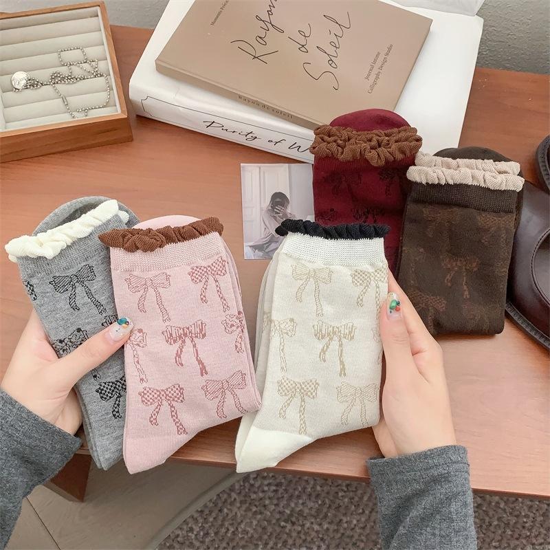 Autumn Relaxation ~ Korean Socks Full Of Bows, Women'S Contrasting Colors, Lip Bubbles, Hem Piles Of Socks